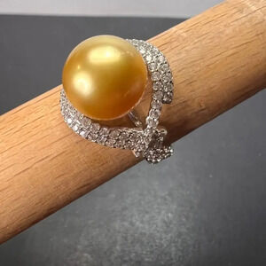 Golden South Sea Cultured Pearl and Zircon ring in Sterling silver